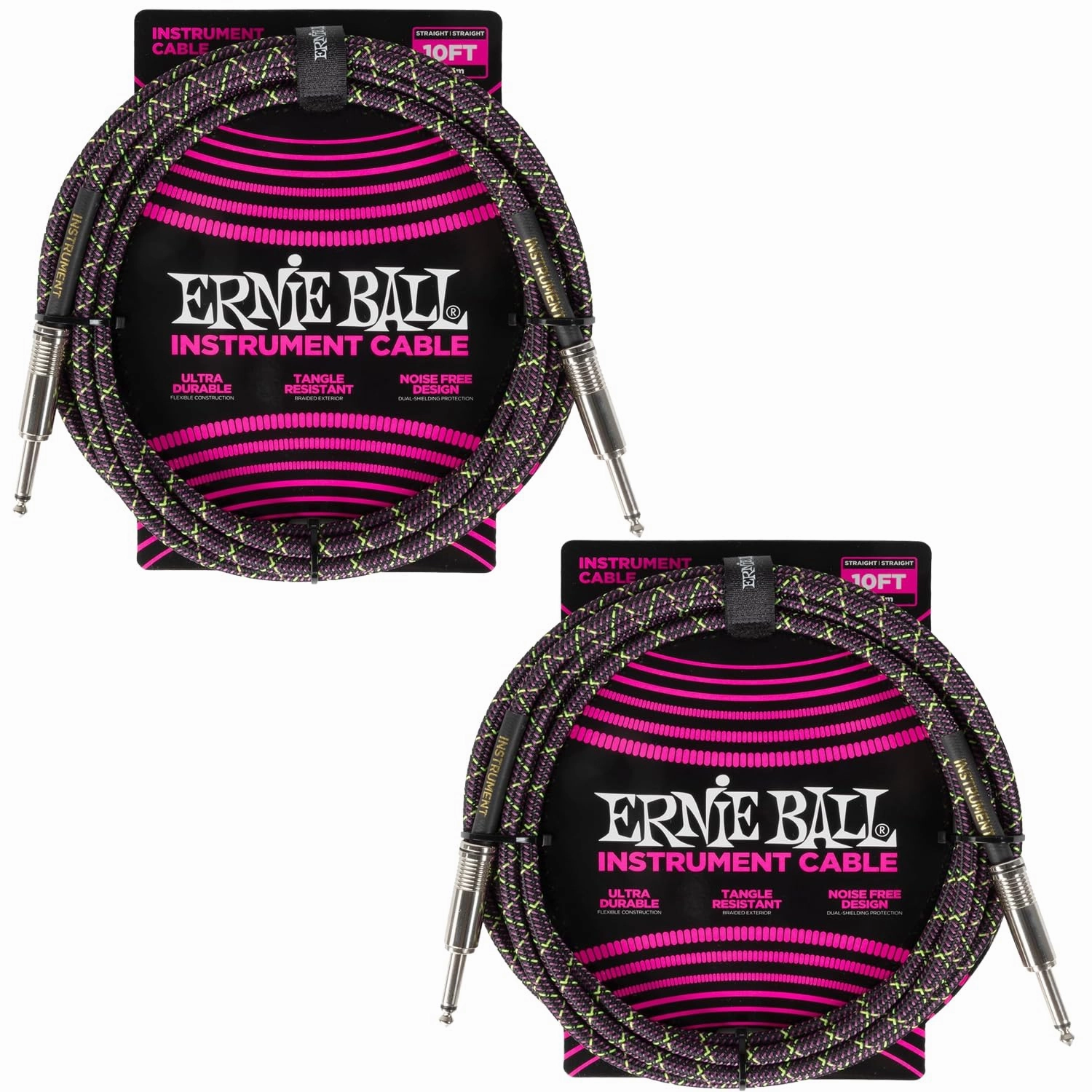 Ernie Ball Braided Instrument Cable Set Straight/Straight Length 10ft in Purple Python (P06427) - Pack of 2