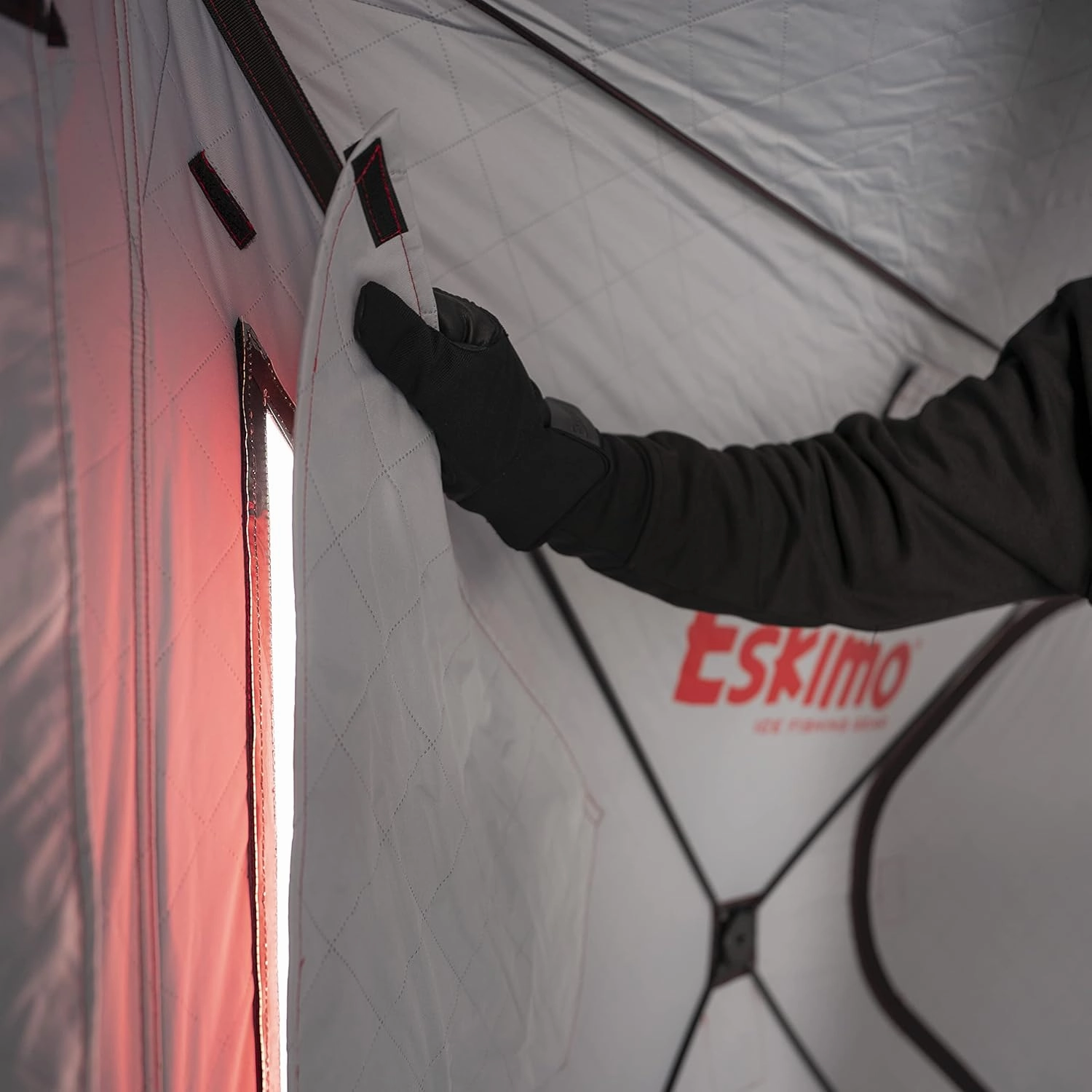 Eskimo Outbreak Portable Pop-Up Ice Fishing Shelter, Stormshield Insulated Fabric, No Trip Door, Durable Hub Design, Deluxe Tie Downs, Red/Black