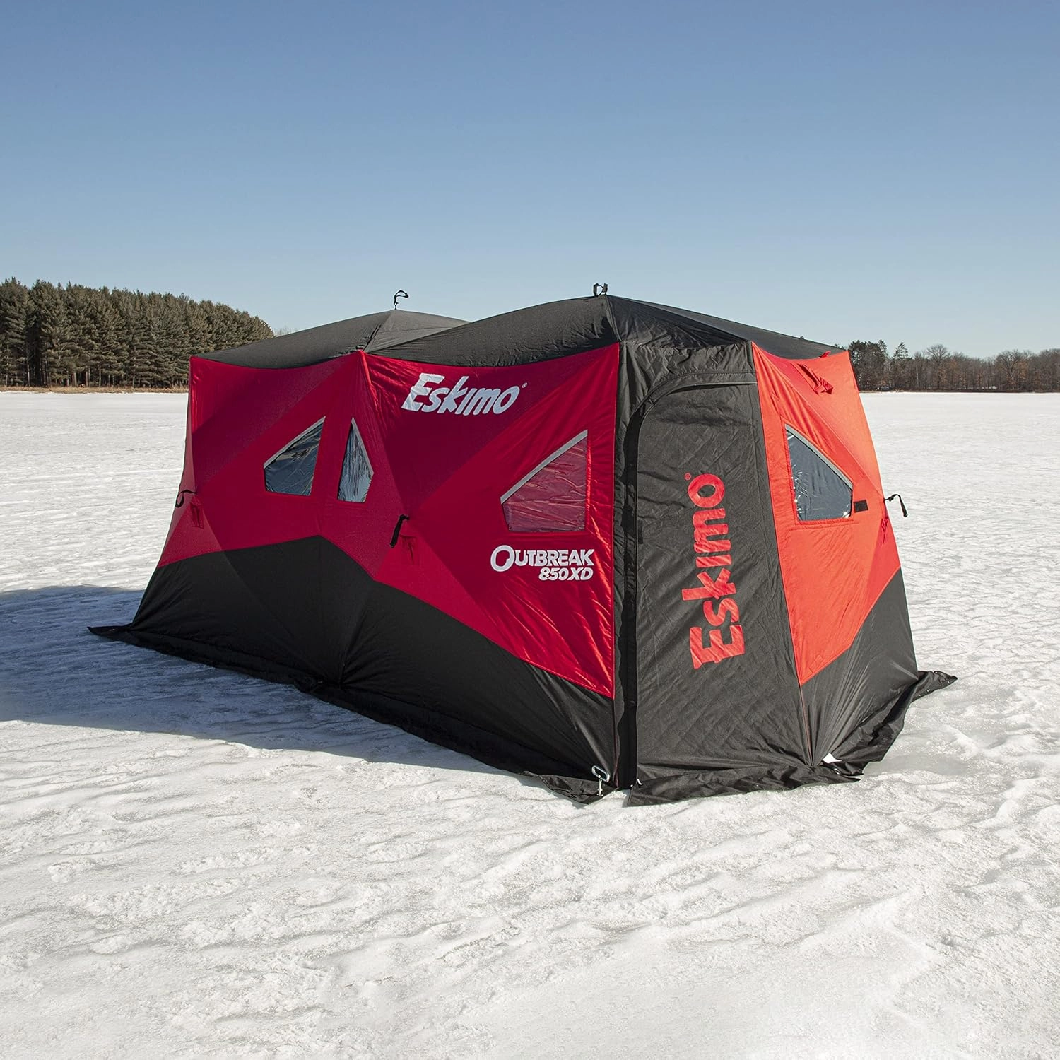 Eskimo Outbreak Portable Pop-Up Ice Fishing Shelter, Stormshield Insulated Fabric, No Trip Door, Durable Hub Design, Deluxe Tie Downs, Red/Black