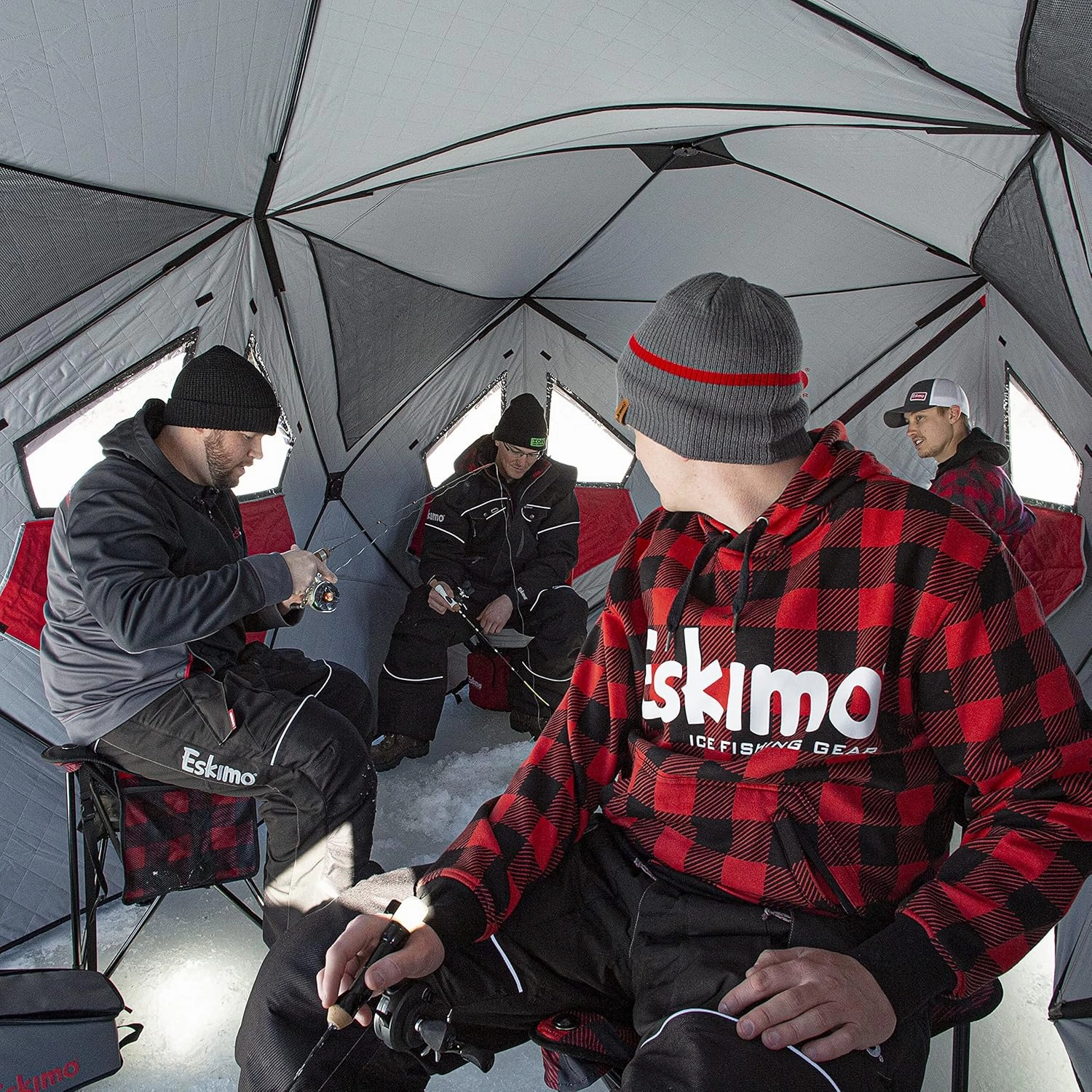 Eskimo Outbreak Portable Pop-Up Ice Fishing Shelter, Stormshield Insulated Fabric, No Trip Door, Durable Hub Design, Deluxe Tie Downs, Red/Black