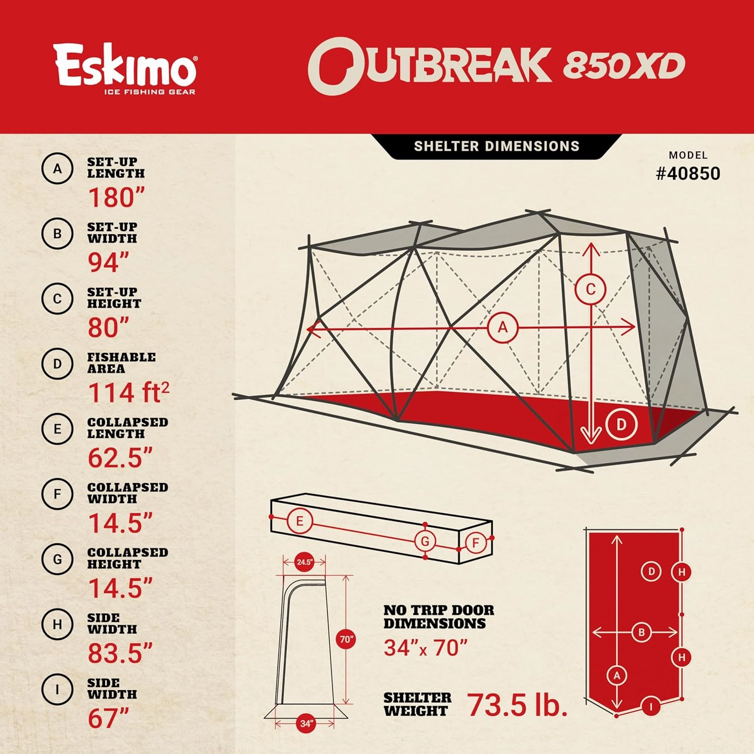 Eskimo Outbreak Portable Pop-Up Ice Fishing Shelter, Stormshield Insulated Fabric, No Trip Door, Durable Hub Design, Deluxe Tie Downs, Red/Black