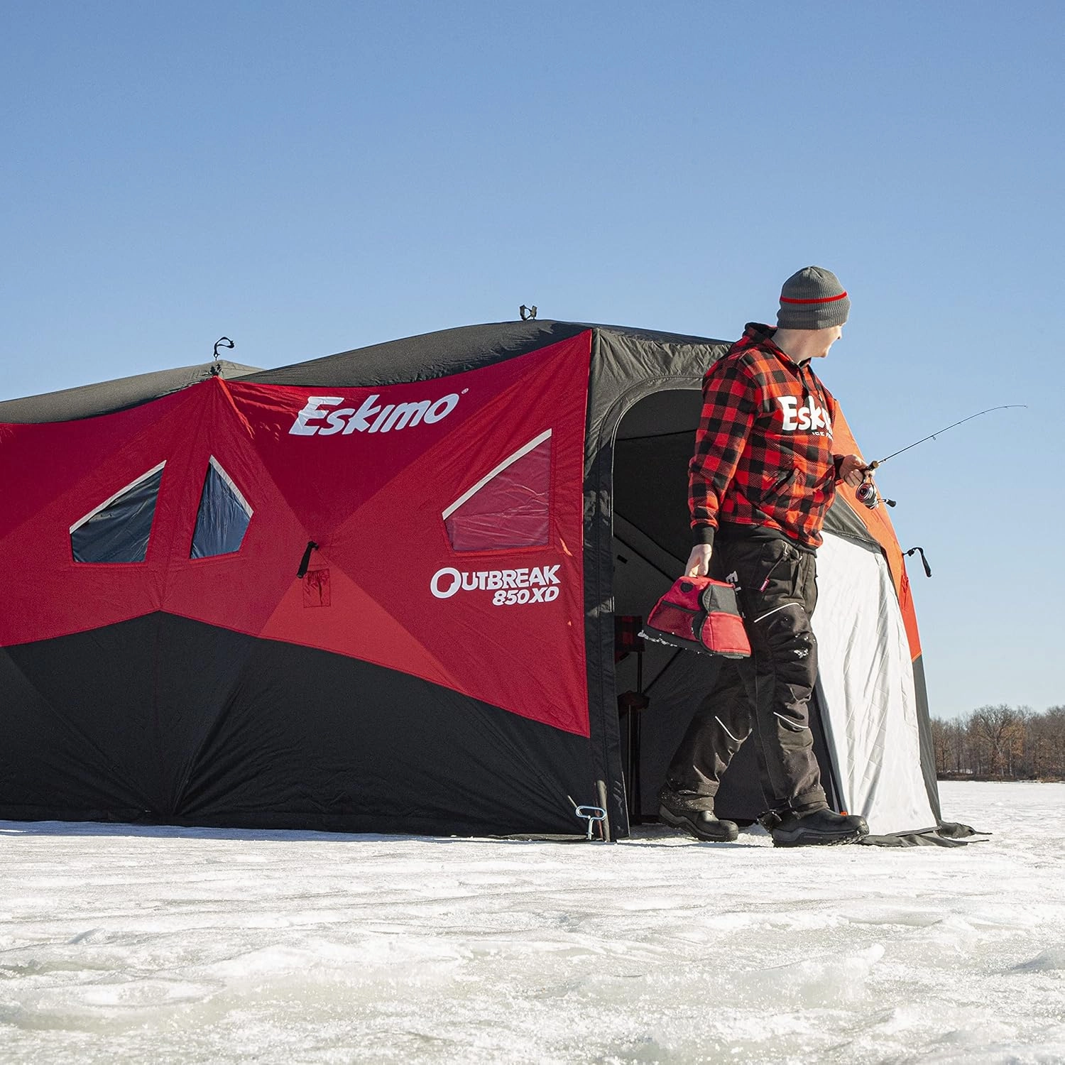 Eskimo Outbreak Portable Pop-Up Ice Fishing Shelter, Stormshield Insulated Fabric, No Trip Door, Durable Hub Design, Deluxe Tie Downs, Red/Black
