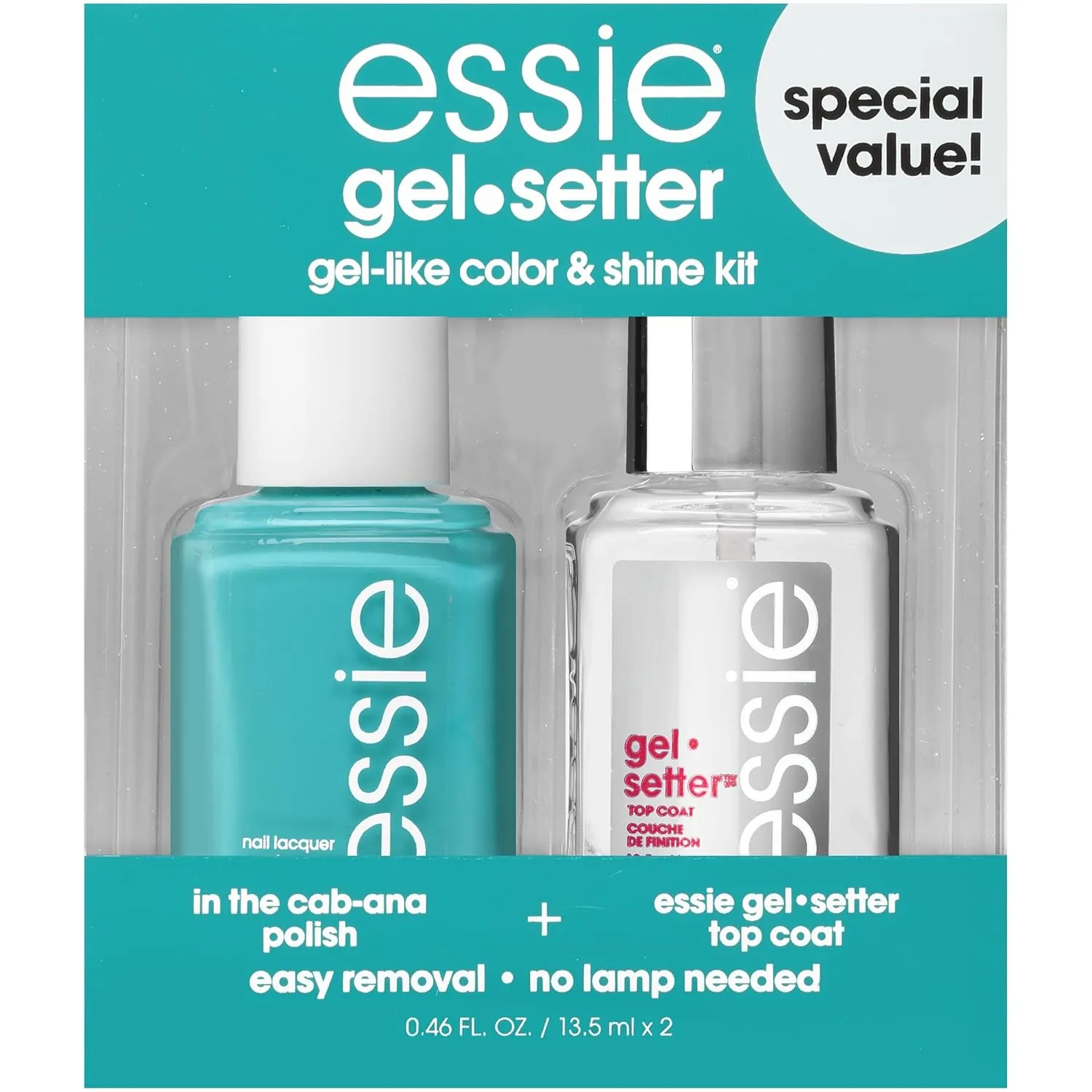 essie Gel Setter Nail Polish Kit, Aqua Blue Nail Polish   Top Coat, In-The-Cabana, 0.46 oz each