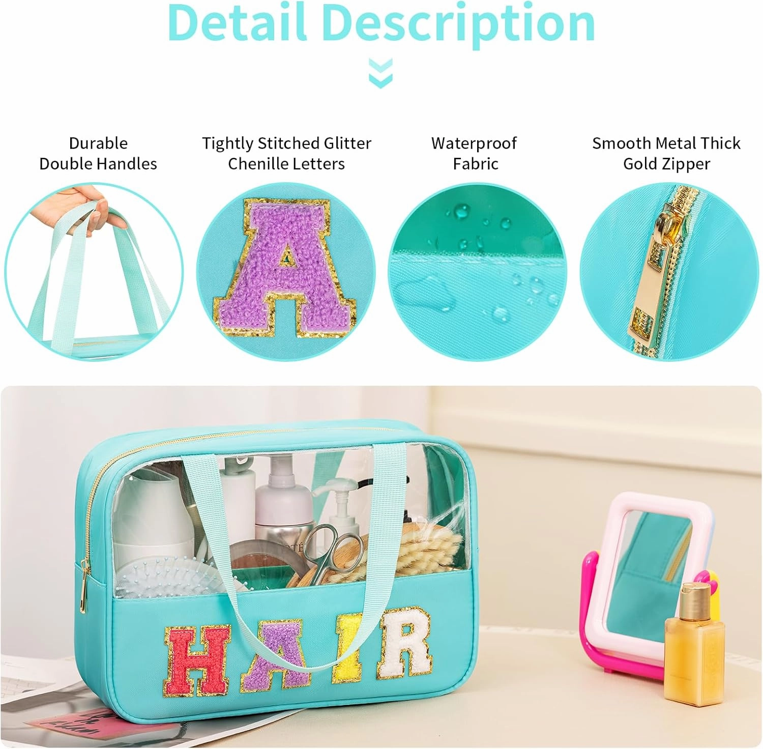 eurovicky Chenille Letter Patch Clear Makeup Bag, Preppy Nylon Makeup Bag with Handle and Zipper, Waterproof Large Clear Travel HAIR Bag Storage Bag for Women (Mint Green-HAIR)