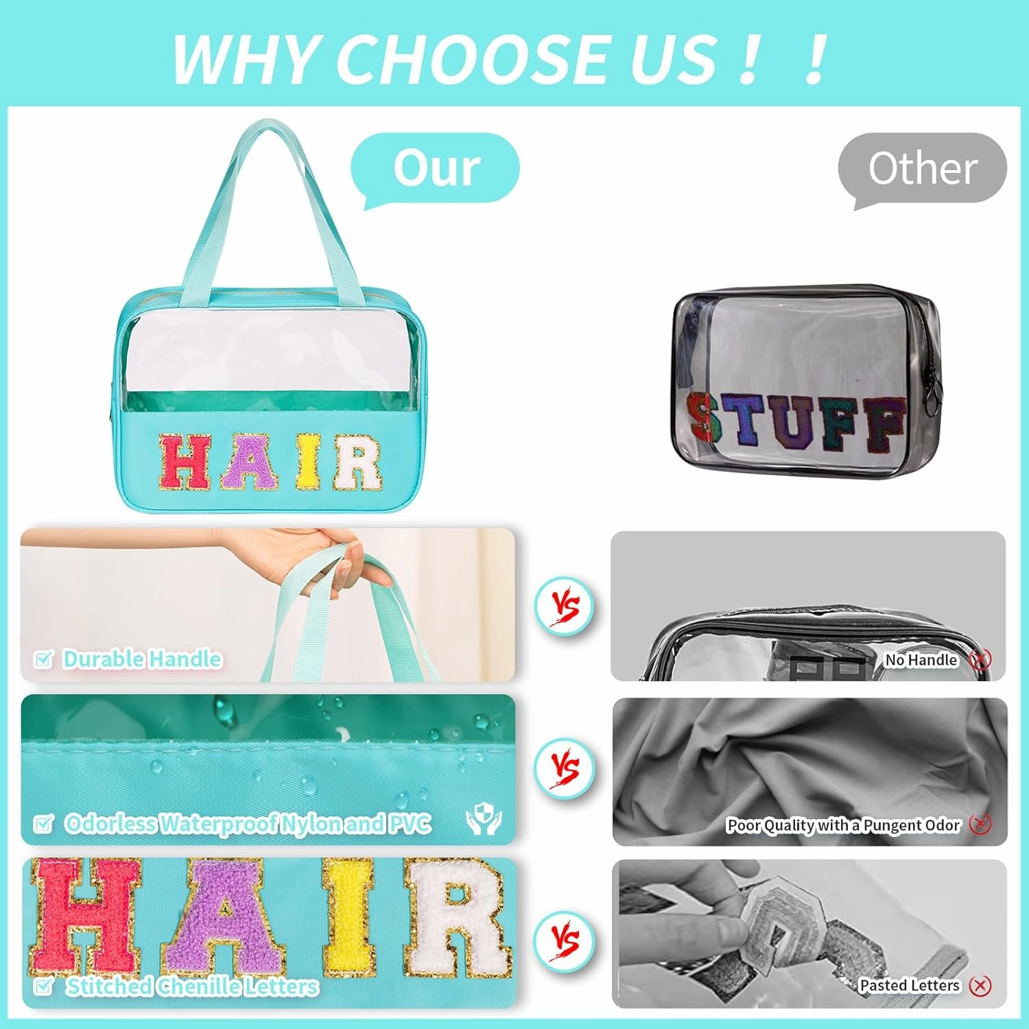 eurovicky Chenille Letter Patch Clear Makeup Bag, Preppy Nylon Makeup Bag with Handle and Zipper, Waterproof Large Clear Travel HAIR Bag Storage Bag for Women (Mint Green-HAIR)