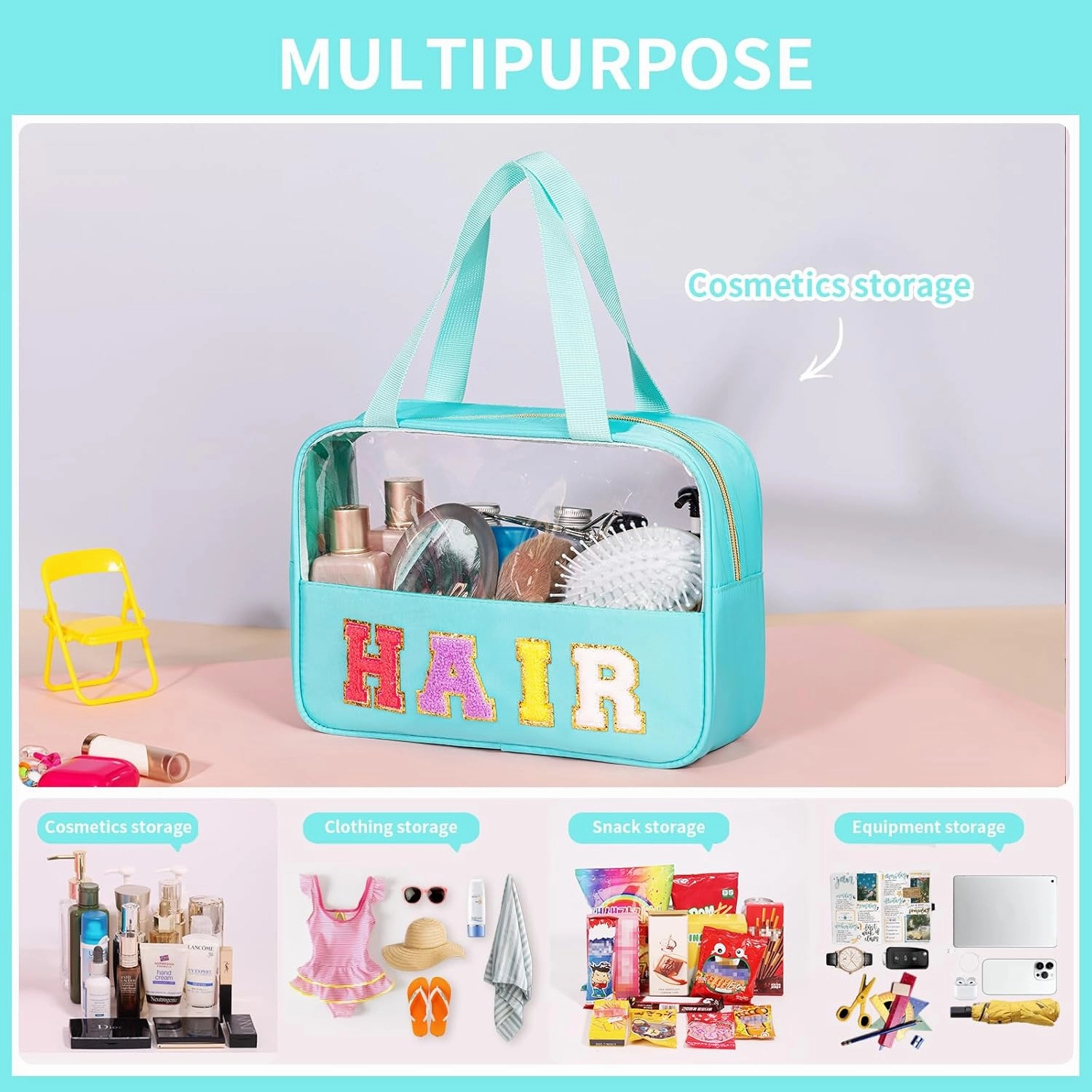 eurovicky Chenille Letter Patch Clear Makeup Bag, Preppy Nylon Makeup Bag with Handle and Zipper, Waterproof Large Clear Travel HAIR Bag Storage Bag for Women (Mint Green-HAIR)