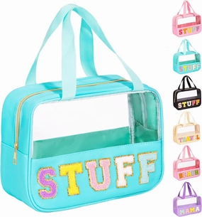 eurovicky Chenille Letter Patch Clear Makeup Bag, Preppy Nylon Makeup Bag with Handle and Zipper, Waterproof Large Clear Travel Toiletry Bag Storage Bag for Women (Mint Green-STUFF)