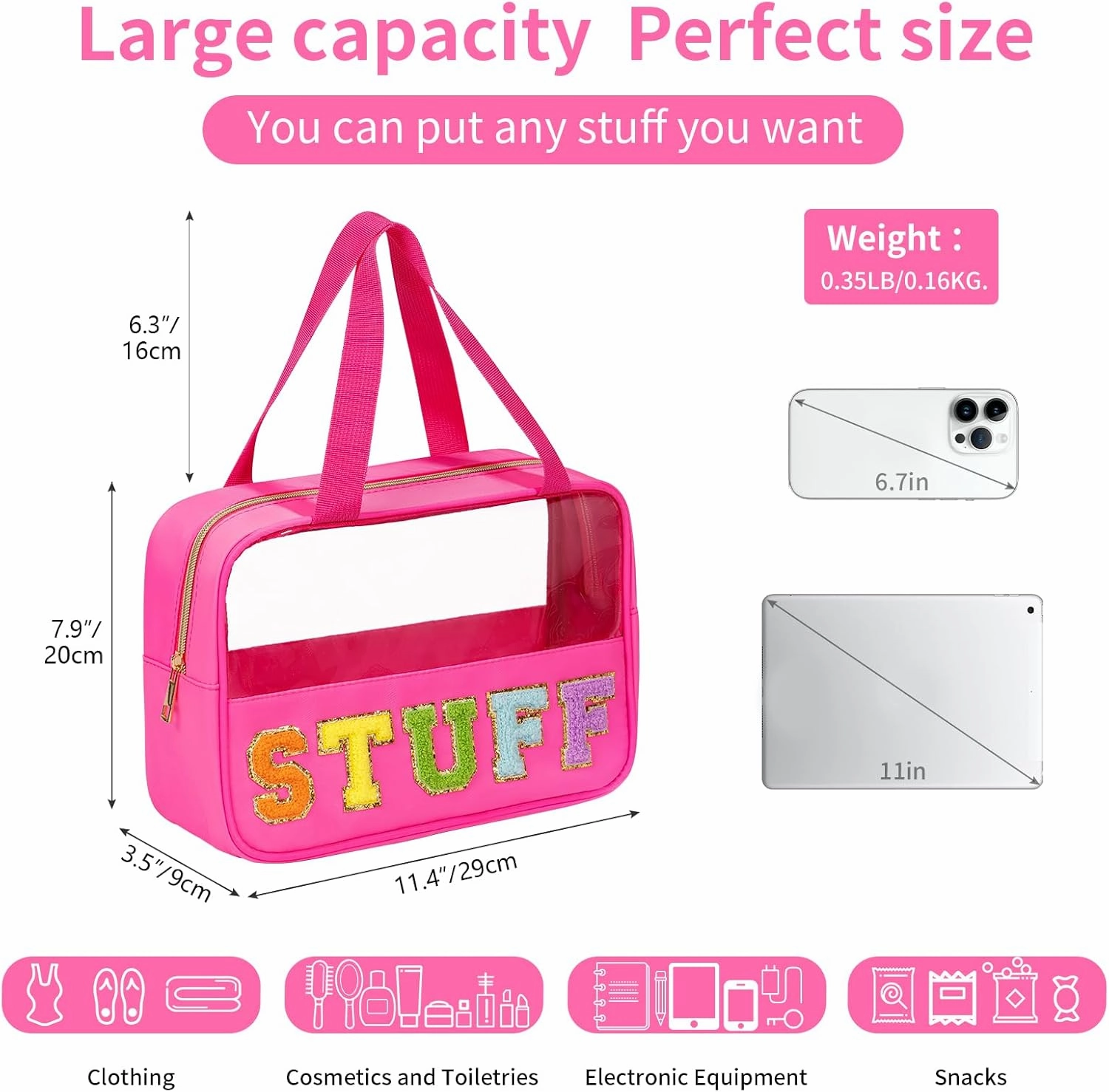 eurovicky Chenille Letter Patch Clear Makeup Bag, Preppy Nylon Makeup Bag with Handle and Zipper, Waterproof Large Clear Travel Toiletry Bag Storage Bag for Women (Vibrant Rosered-STUFF)