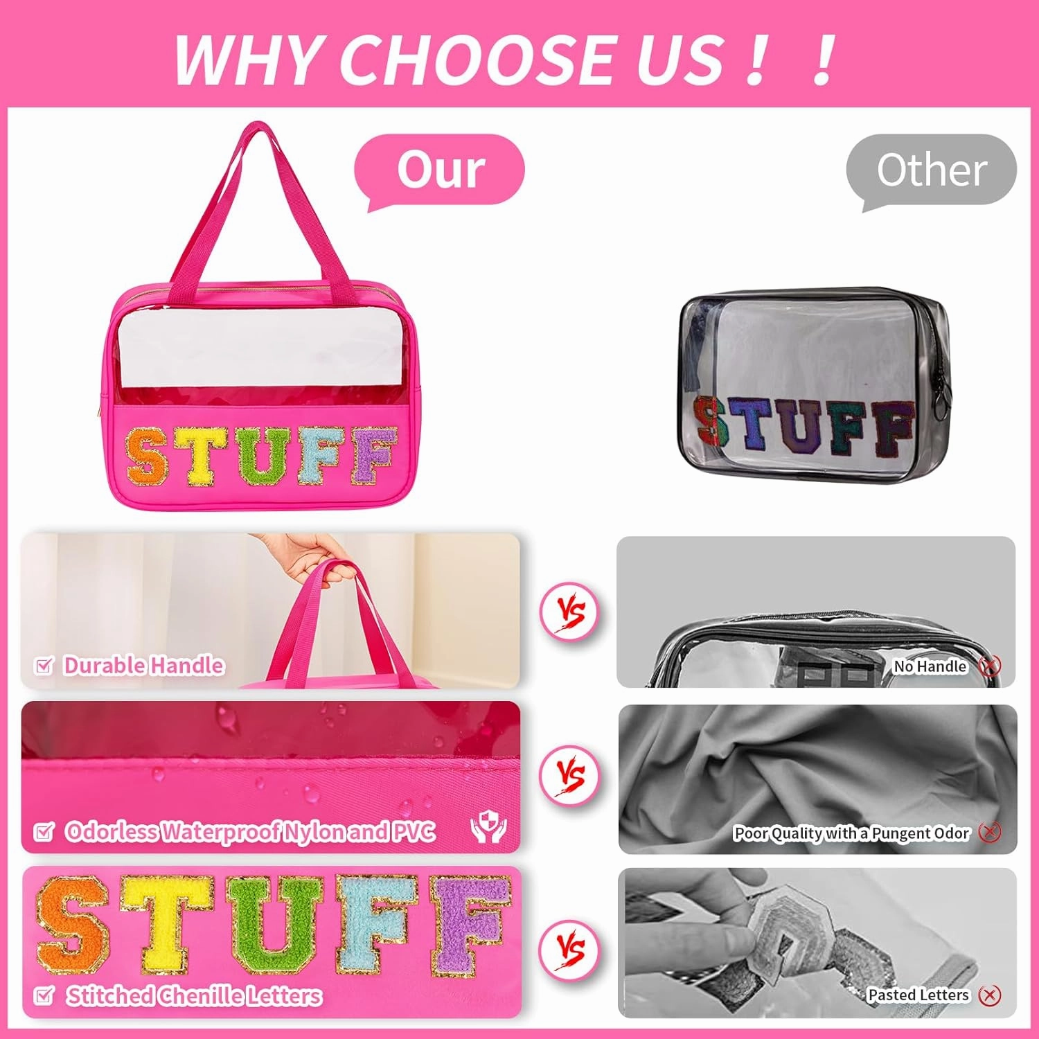eurovicky Chenille Letter Patch Clear Makeup Bag, Preppy Nylon Makeup Bag with Handle and Zipper, Waterproof Large Clear Travel Toiletry Bag Storage Bag for Women (Vibrant Rosered-STUFF)