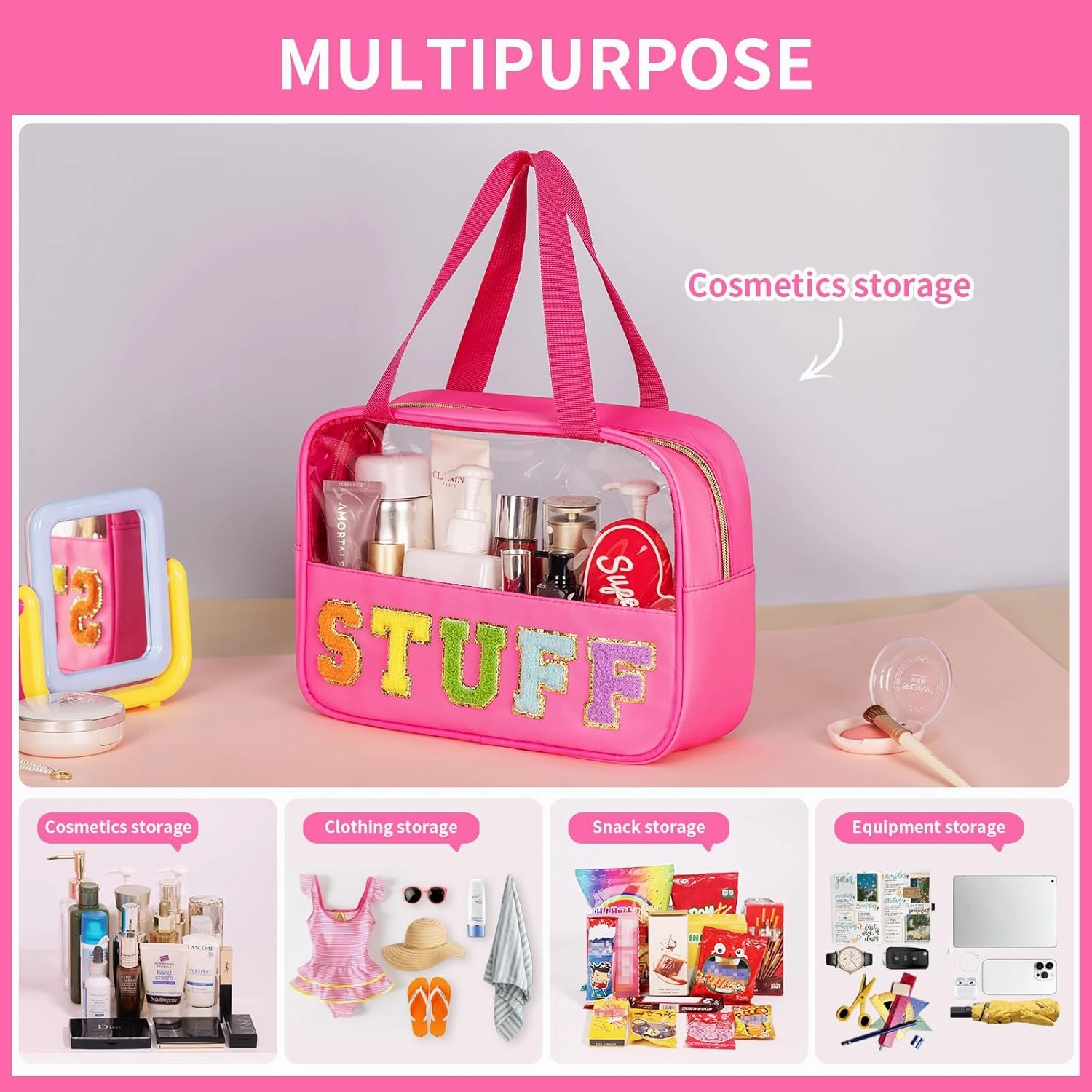 eurovicky Chenille Letter Patch Clear Makeup Bag, Preppy Nylon Makeup Bag with Handle and Zipper, Waterproof Large Clear Travel Toiletry Bag Storage Bag for Women (Vibrant Rosered-STUFF)