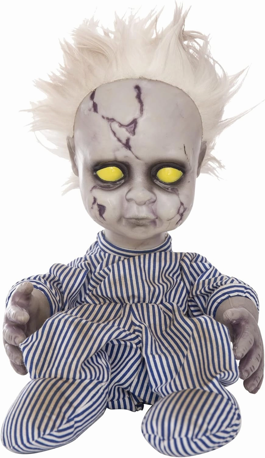 EVAPLUS 11inch Halloween Haunted House Crying Baby Terror Decoration Toy, Animatronic Roaming Creepy Doll Halloween Decoration,Haunted Sound Activated Holiday Prop with Battery Operated Control