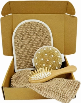 Exfoliating Skincare Set, 4-Piece Bath and Body Kit with Dry Brush, Scalp Brush, Hemp Fiber Bath Mitt, Dual-Sided Mitt-Eco Friendly
