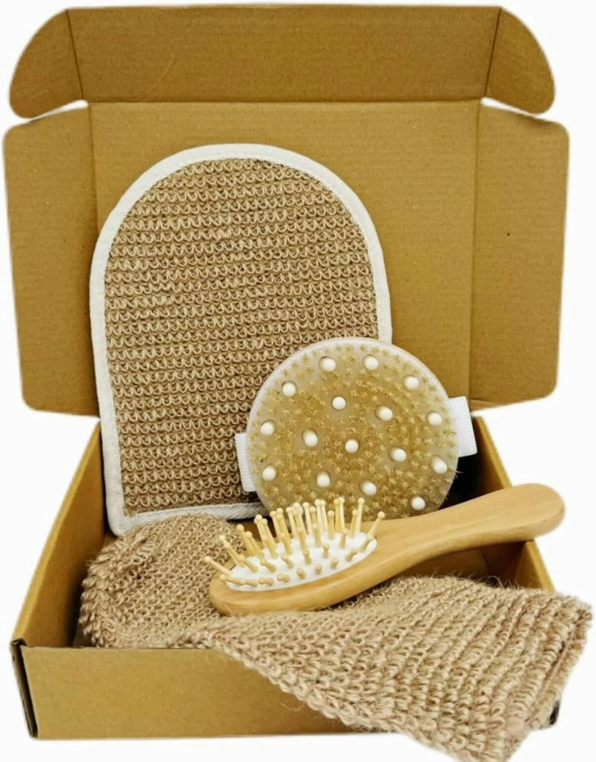 Exfoliating Skincare Set, 4-Piece Bath and Body Kit with Dry Brush, Scalp Brush, Hemp Fiber Bath Mitt, Dual-Sided Mitt-Eco Friendly
