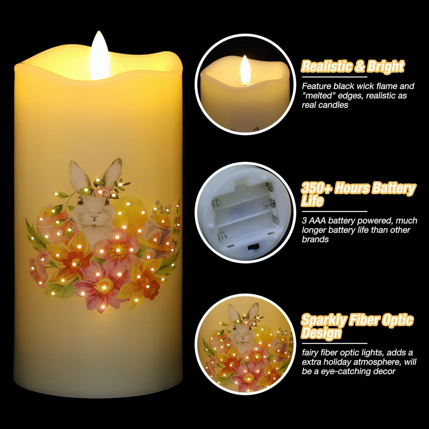 Eywamage Fiber Optic Easter Flameless Candles with Remote, Flickering Spring LED Pillar Candles Battery Operated Set of 3