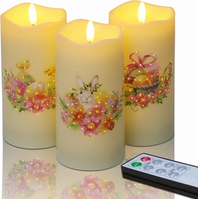 Eywamage Fiber Optic Easter Flameless Candles with Remote, Flickering Spring LED Pillar Candles Battery Operated Set of 3