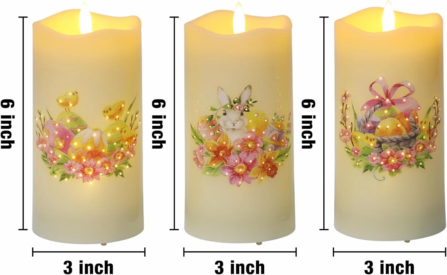 Eywamage Fiber Optic Easter Flameless Candles with Remote, Flickering Spring LED Pillar Candles Battery Operated Set of 3