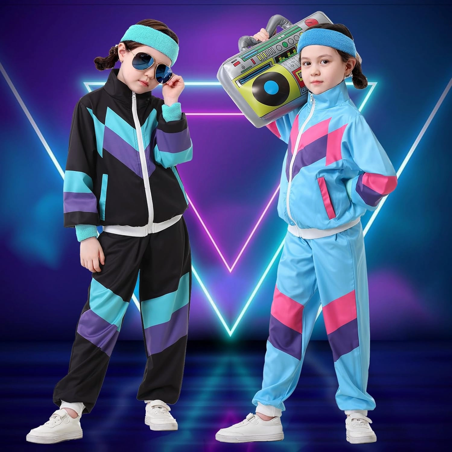 Ezuwail Kids 80s 90s Tracksuit Outfit for Boys Girls 6Pcs Unisex Retro Windbreaker Toddler Workout Hip Hop Dance Costume