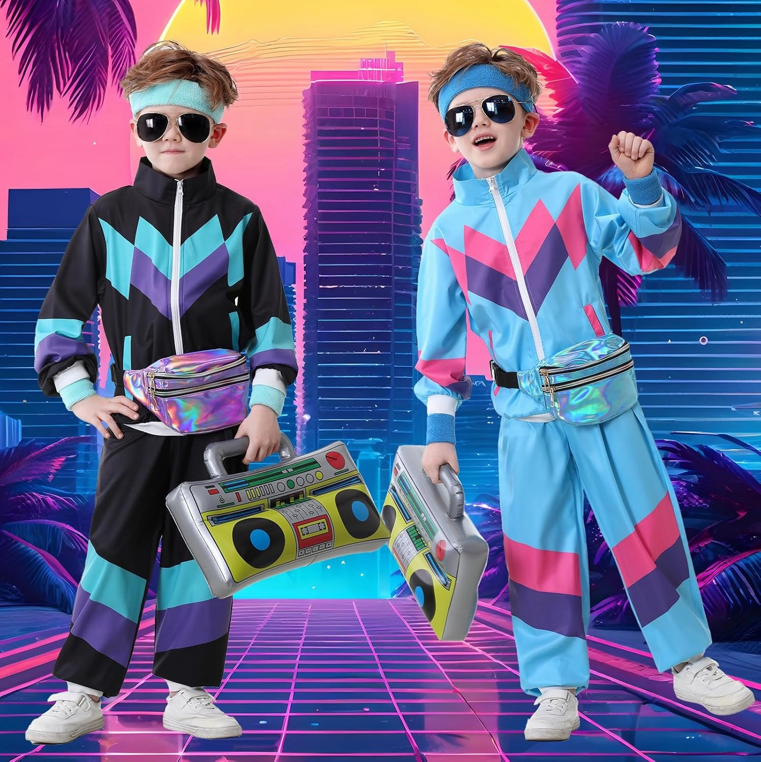 Ezuwail Kids 80s 90s Tracksuit Outfit for Boys Girls 6Pcs Unisex Retro Windbreaker Toddler Workout Hip Hop Dance Costume
