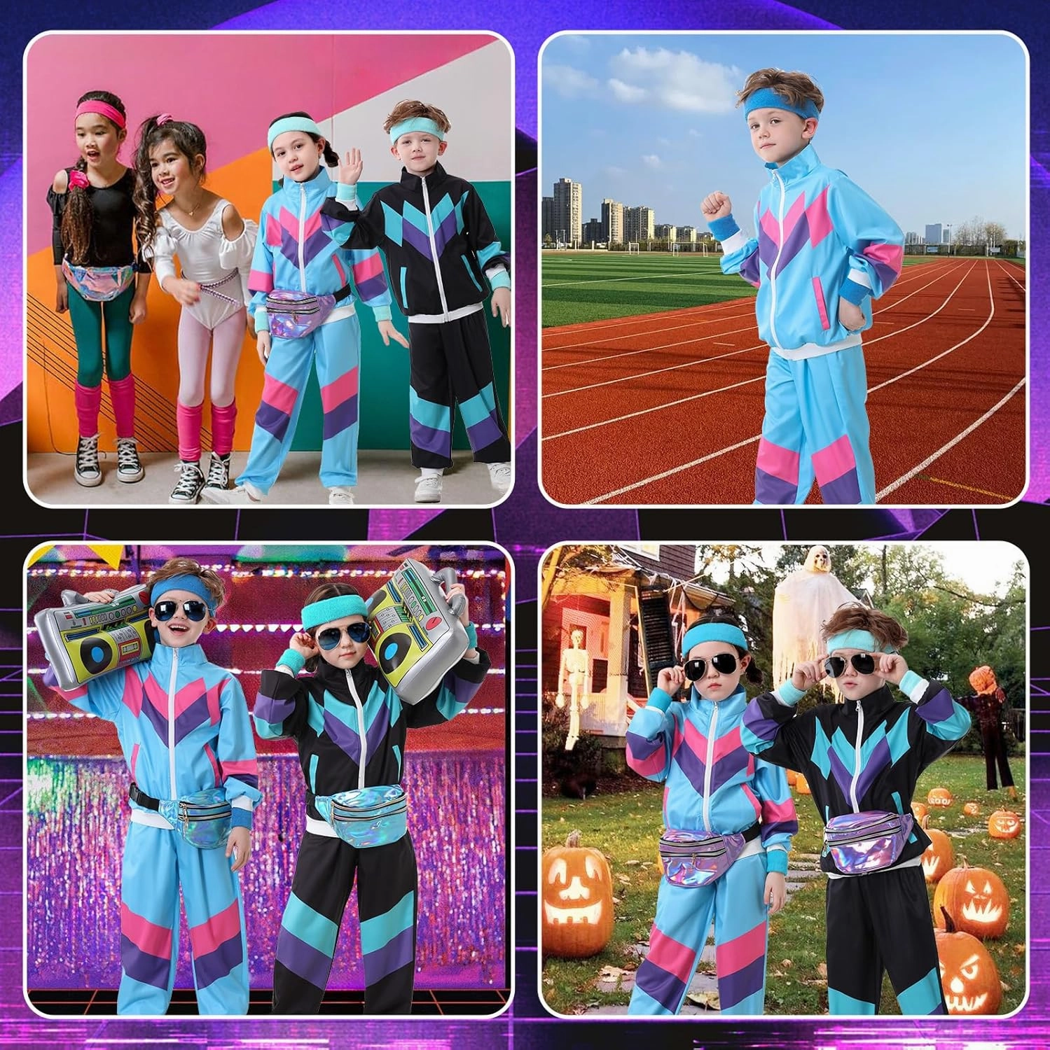 Ezuwail Kids 80s 90s Tracksuit Outfit for Boys Girls 6Pcs Unisex Retro Windbreaker Toddler Workout Hip Hop Dance Costume