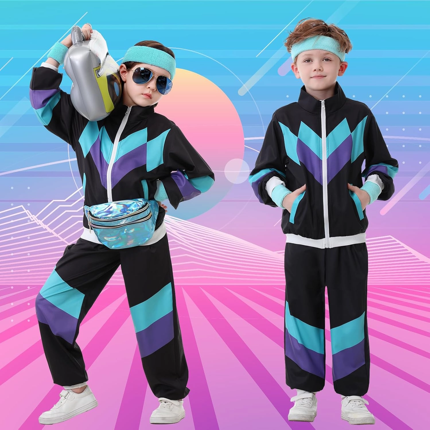 Ezuwail Kids 80s 90s Tracksuit Outfit for Boys Girls 6Pcs Unisex Retro Windbreaker Toddler Workout Hip Hop Dance Costume