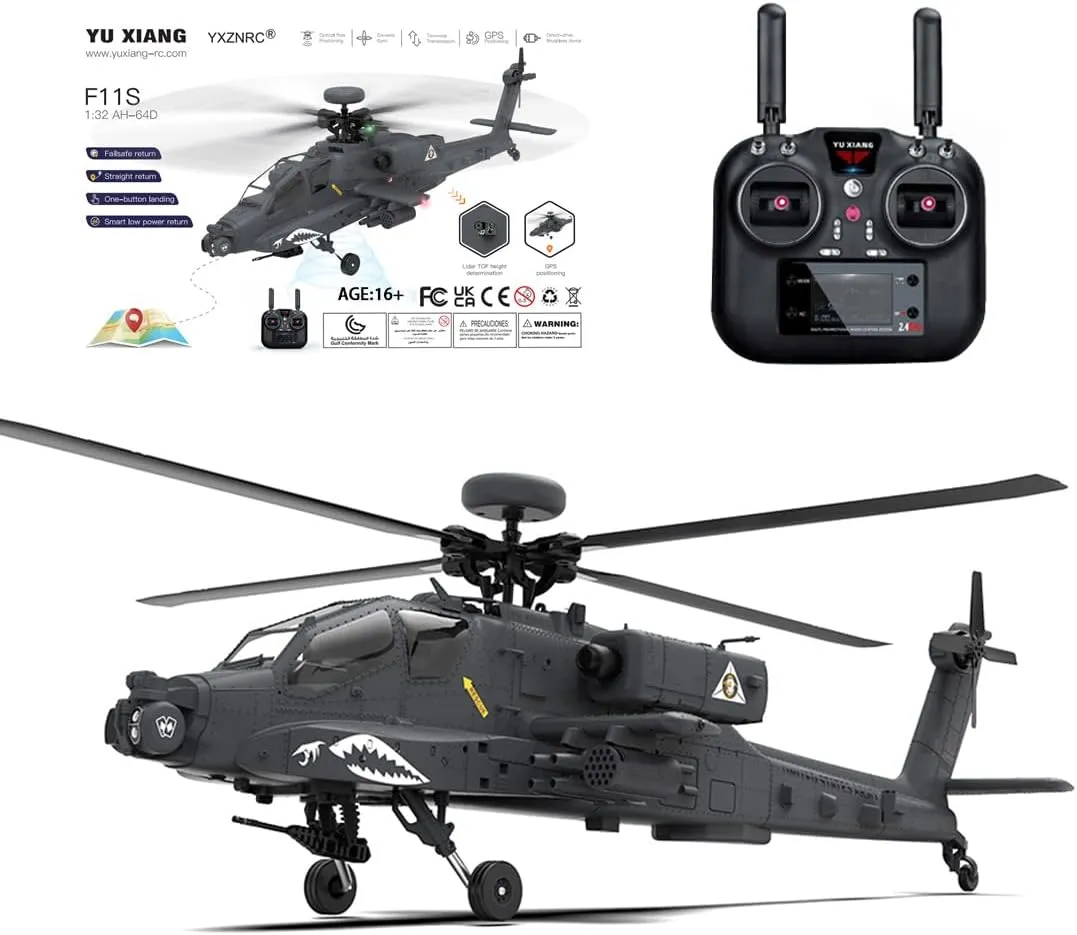 F11-S AH64 1/32 Scale Stunt Apaache Helicopter Model, 2.4G 6CH RC Dual-axis Co-Drive Flybarless 6G/3D, Gifts for Youth and Adults (RTF GPS Smart Version)