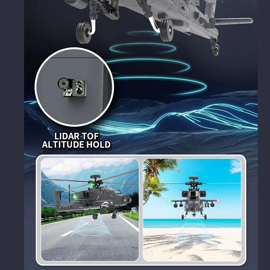 F11-S AH64 1/32 Scale Stunt Apaache Helicopter Model, 2.4G 6CH RC Dual-axis Co-Drive Flybarless 6G/3D, Gifts for Youth and Adults (RTF GPS Smart Version)