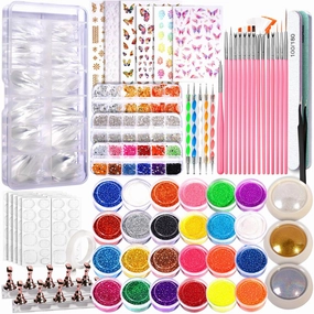 FANDAMEI Nail Art Kit - Nail Tools With Acrylic Tips, Brushes, Chrome Powder, Gems, Glitter, Stickers - DIY At Home