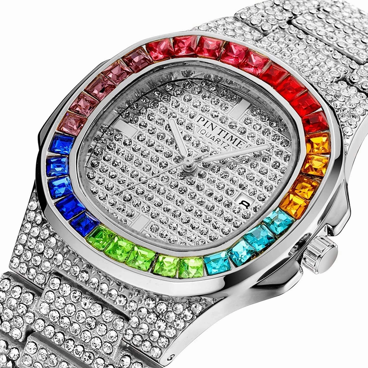FANMIS Luxury Bling-ed Out Colorful Full Diamond Watches Fashion Quartz Analog Stainless Steel Band Bracelet Wrist Watch