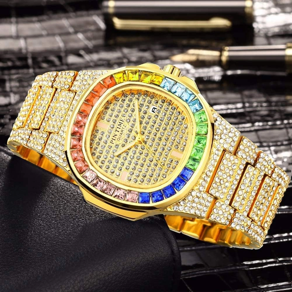 FANMIS Luxury Bling-ed Out Colorful Full Diamond Watches Fashion Quartz Analog Stainless Steel Band Bracelet Wrist Watch