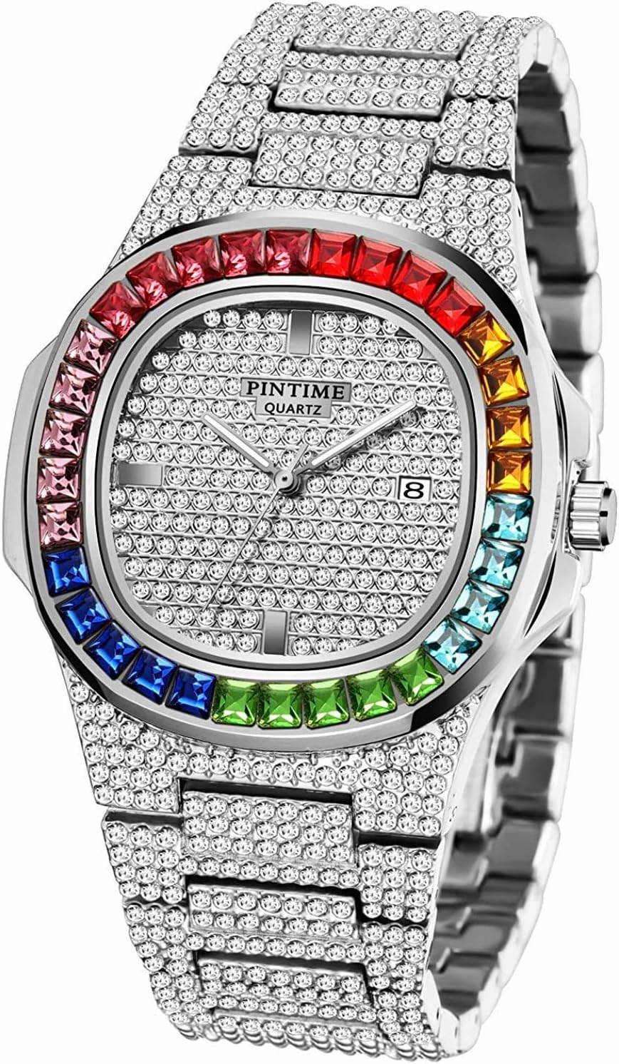 FANMIS Luxury Bling-ed Out Colorful Full Diamond Watches Fashion Quartz Analog Stainless Steel Band Bracelet Wrist Watch