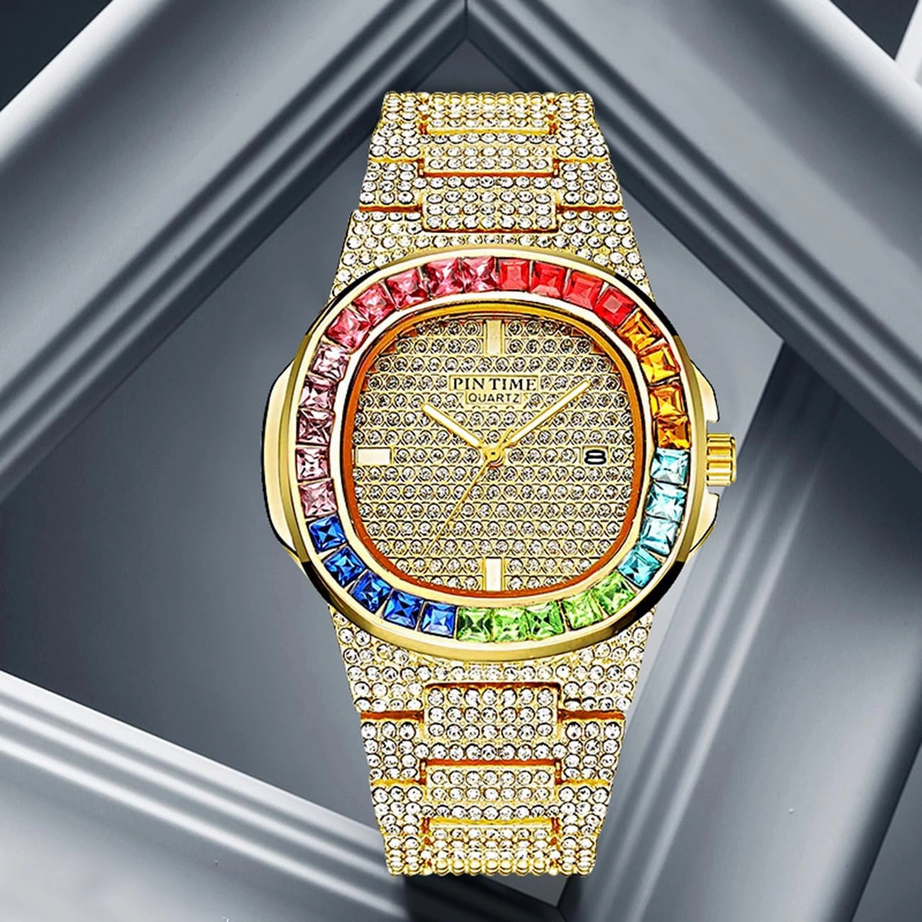 FANMIS Luxury Bling-ed Out Colorful Full Diamond Watches Fashion Quartz Analog Stainless Steel Band Bracelet Wrist Watch