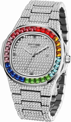 FANMIS Luxury Bling-ed Out Colorful Full Diamond Watches Fashion Quartz Analog Stainless Steel Band Bracelet Wrist Watch