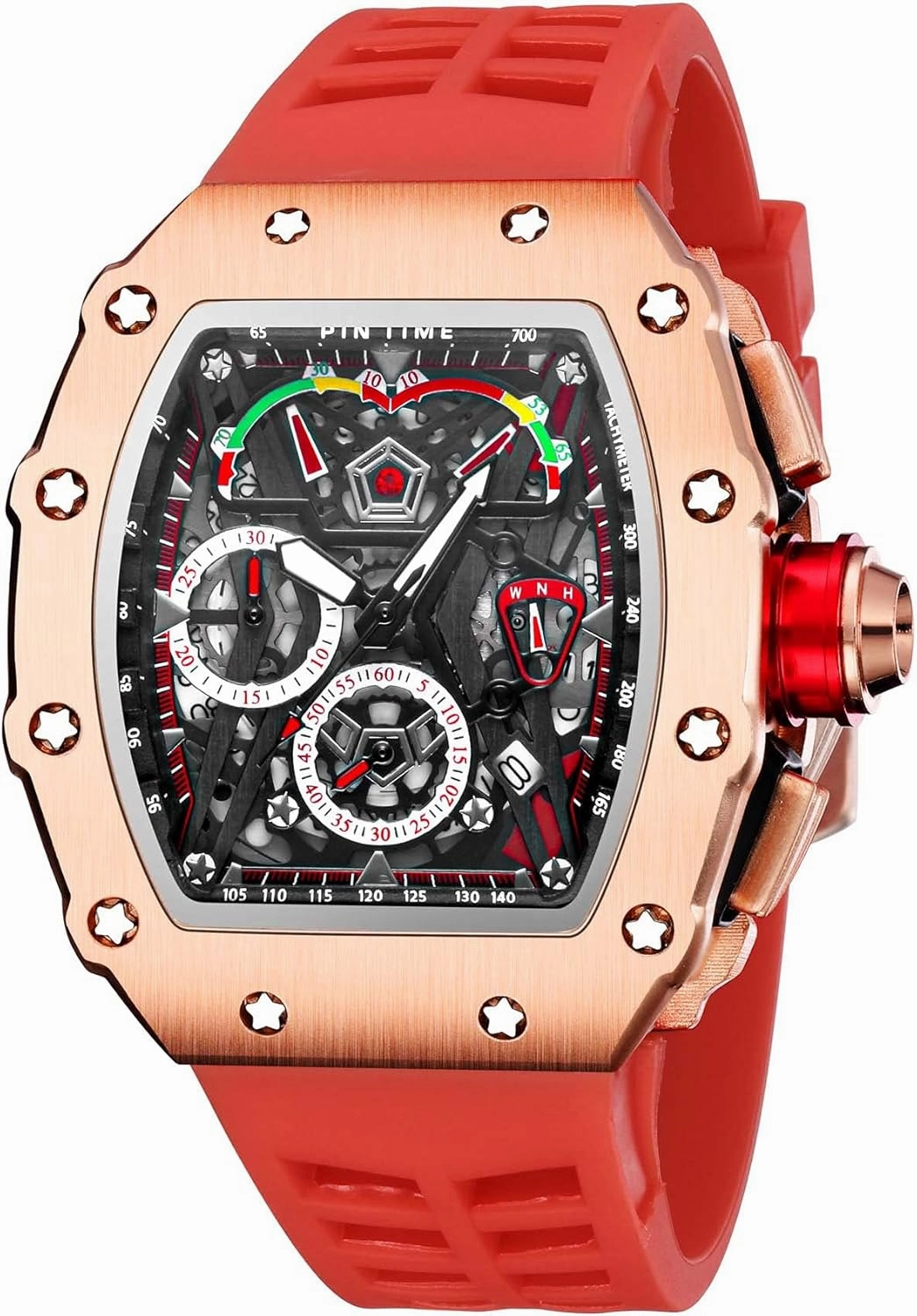 FANMIS Mens Luxury Tonneau Square Watches Analog Punk Chronograph Unique Sports Wrist Watch Japanese Movement Luminous Design with Rubber Band