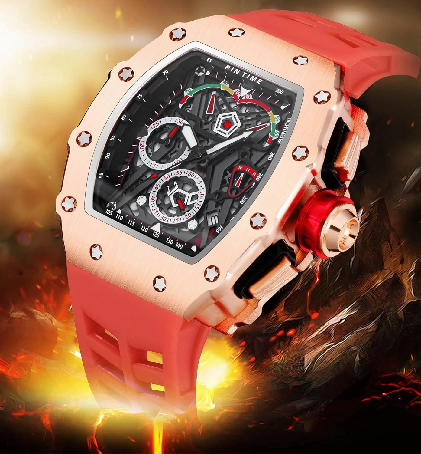 FANMIS Mens Luxury Tonneau Square Watches Analog Punk Chronograph Unique Sports Wrist Watch Japanese Movement Luminous Design with Rubber Band
