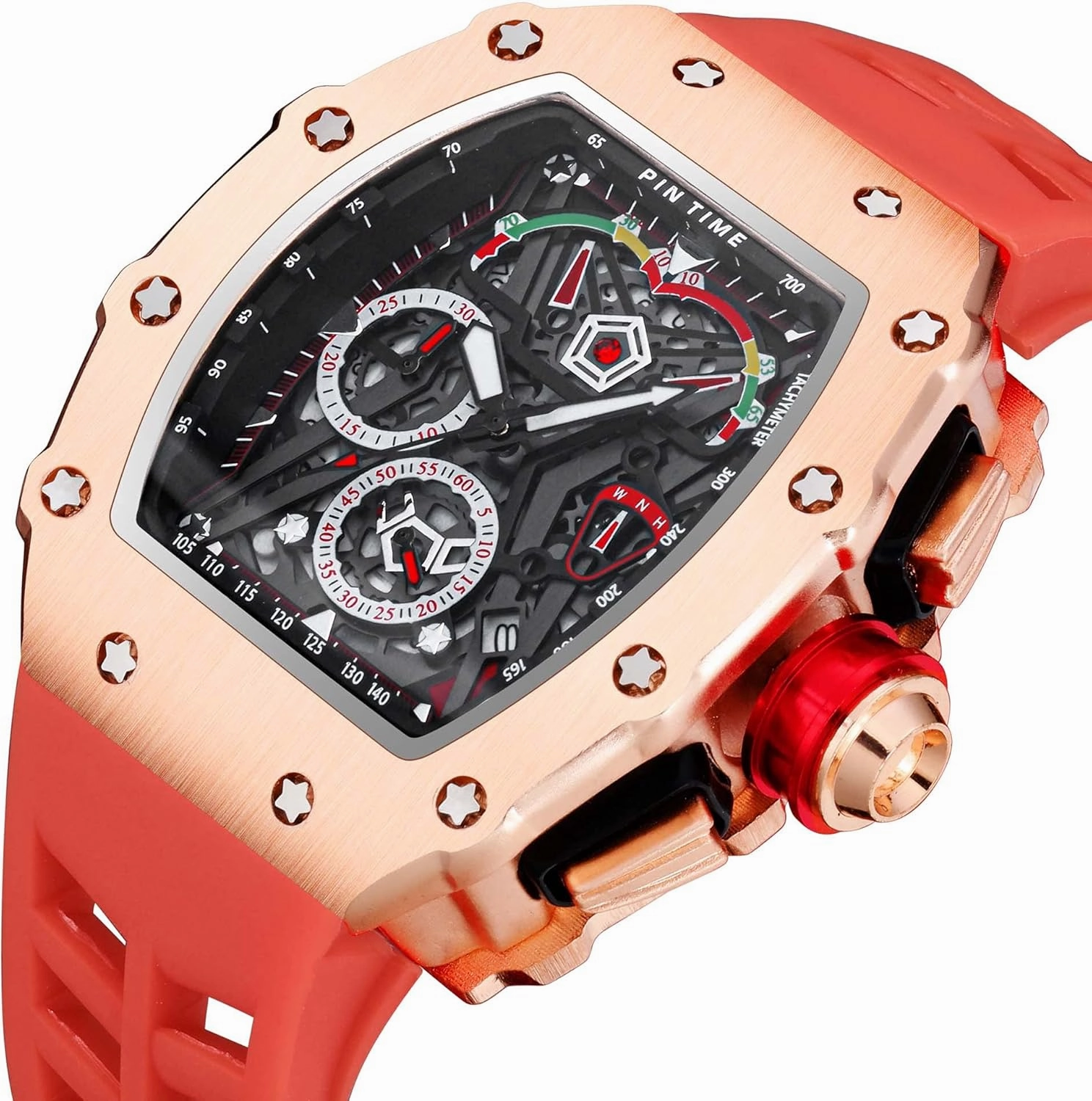 FANMIS Mens Luxury Tonneau Square Watches Analog Punk Chronograph Unique Sports Wrist Watch Japanese Movement Luminous Design with Rubber Band