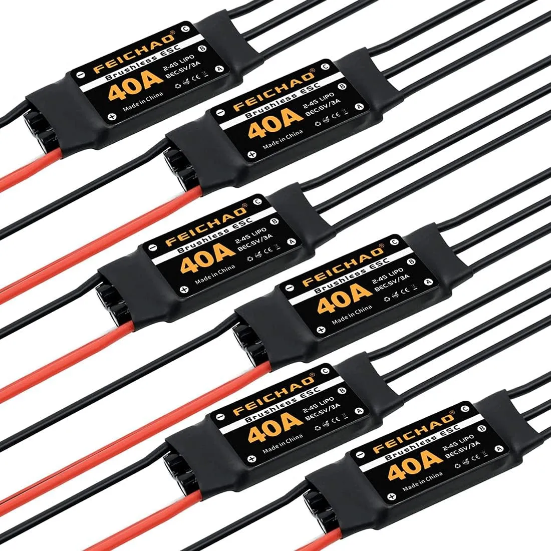 FEICHAO 40A Brushless ESC 2-4S Speed Controller with 5V 3A BEC for Fixed Wing DIY RC Multi-axis Aircraft Drone Helicopter (6Piece, Long Cable)