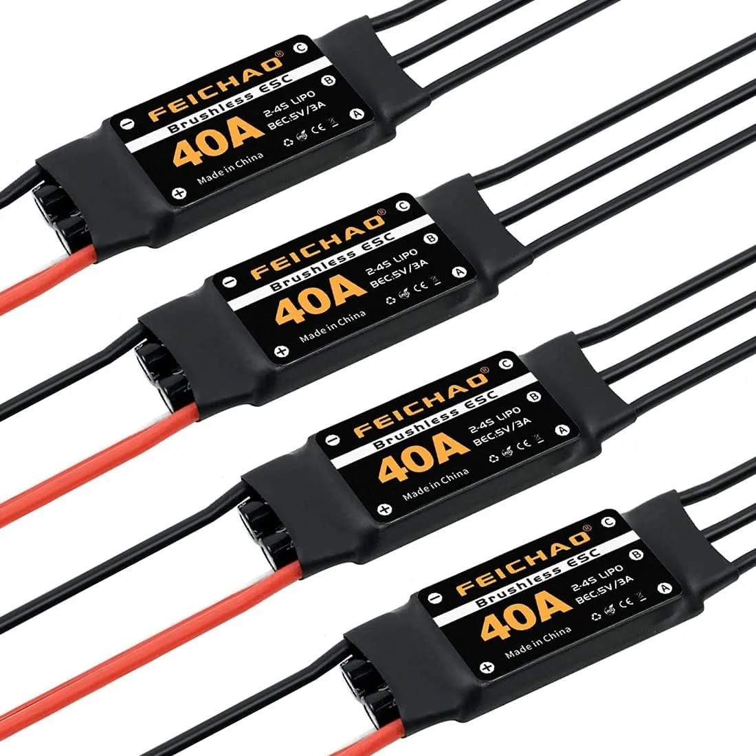 FEICHAO 40A Brushless ESC 2-4S Speed Controller with 5V 3A BEC for Fixed Wing DIY RC Multi-axis Aircraft Drone Helicopter (6Piece, Long Cable)