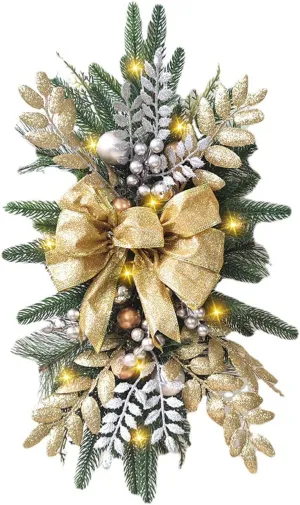 Festive Stair Decorations, Illuminated Stairway Swag with Fairy Lights, Holiday Wreath Prelit Stairway Swag Garland Artificial Berry Wall Wreath (Red), 60x35cm/23.6x13.8 inch(#2)
