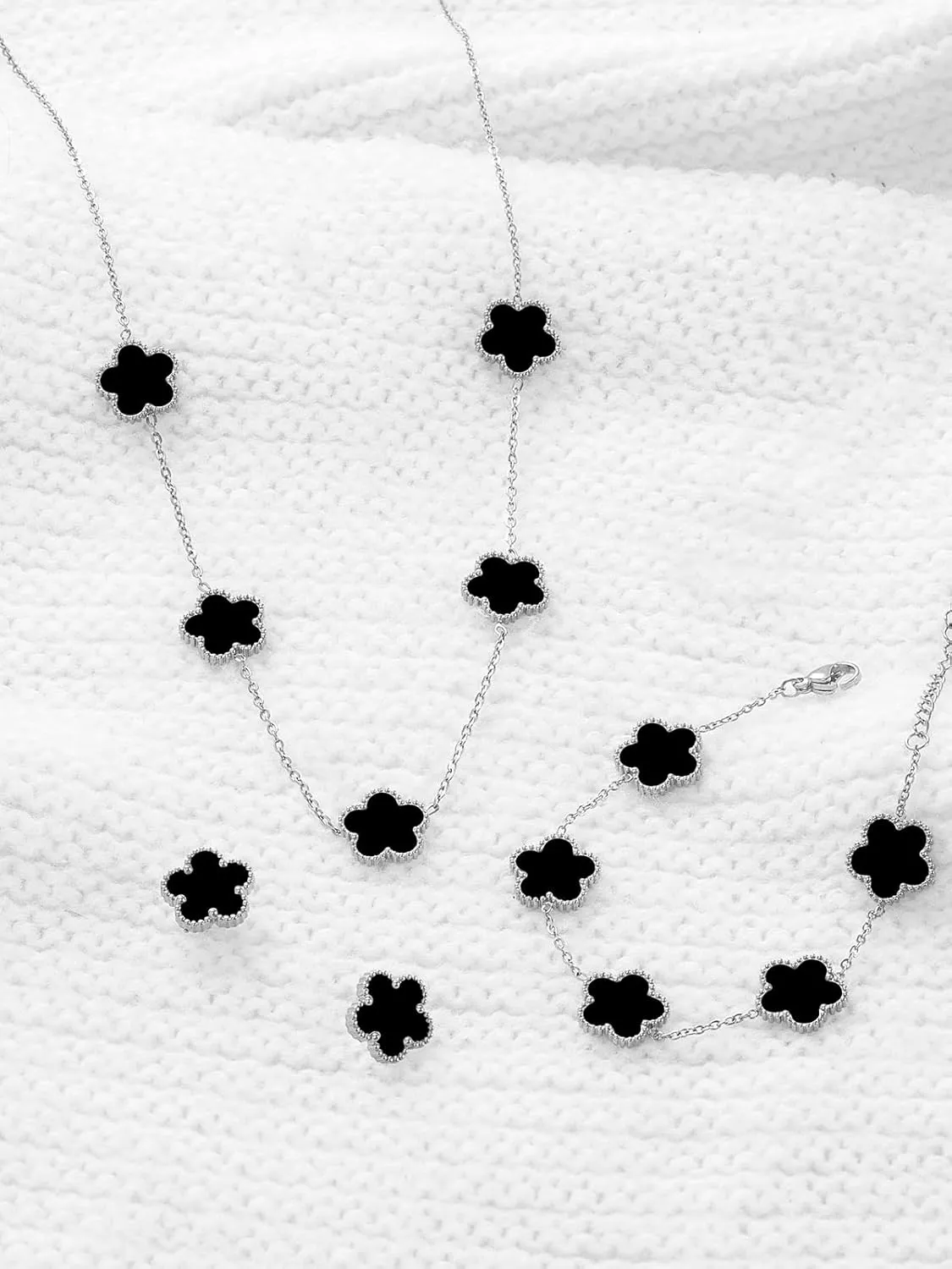 Five Leaf Clover Necklace Bracelet and Stud Set for Women Lucky Flower Gold Plated Jewelry