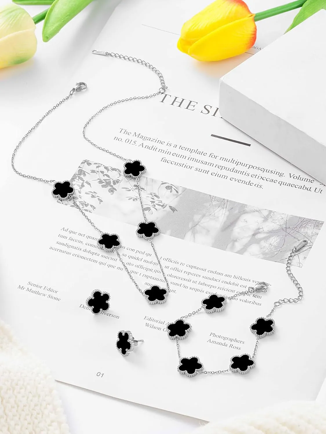 Five Leaf Clover Necklace Bracelet and Stud Set for Women Lucky Flower Gold Plated Jewelry