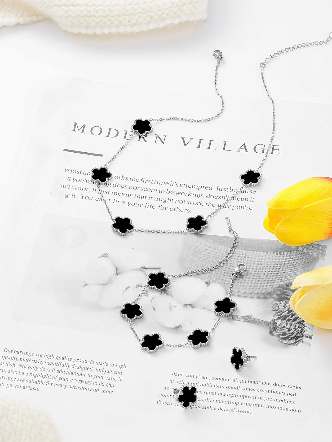 Five Leaf Clover Necklace Bracelet and Stud Set for Women Lucky Flower Gold Plated Jewelry