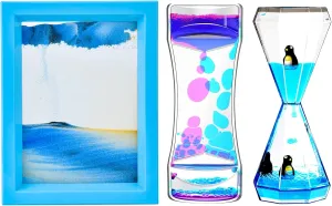 FKYTION Liquid Motion Bubbler & Diamond Shaped Penguin Liquid Timer and Moving Sand Art Picture Pack of 3 Activity Calm Relaxing Desk Toys Voted Best Gift!
