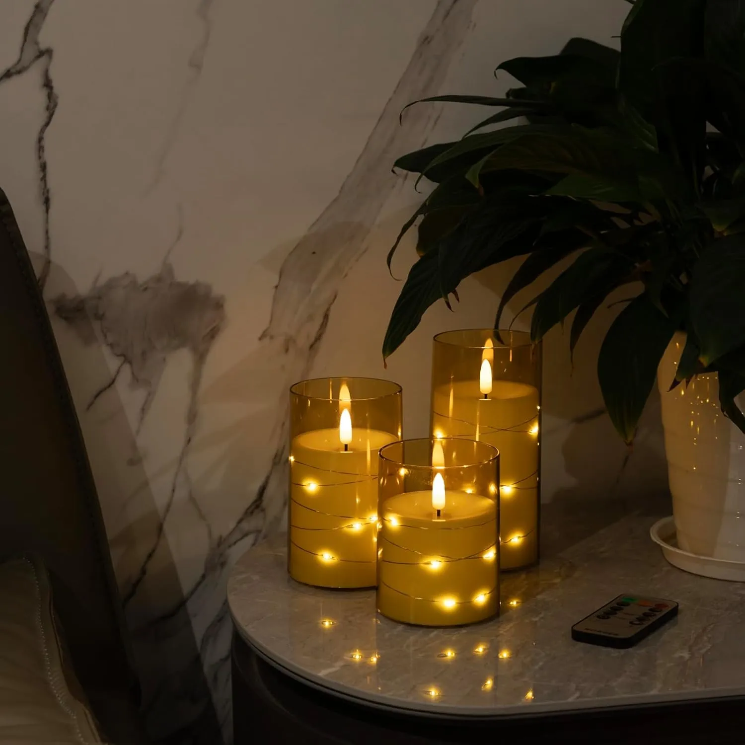 Flameless Candle with String Lights - Battery Operated Candle with 11 Key Remote Control and Timer, Set of 3 Acrylic Glass Shell Flickering LED Pillar Candles for Romantic Ambiance (Gold)