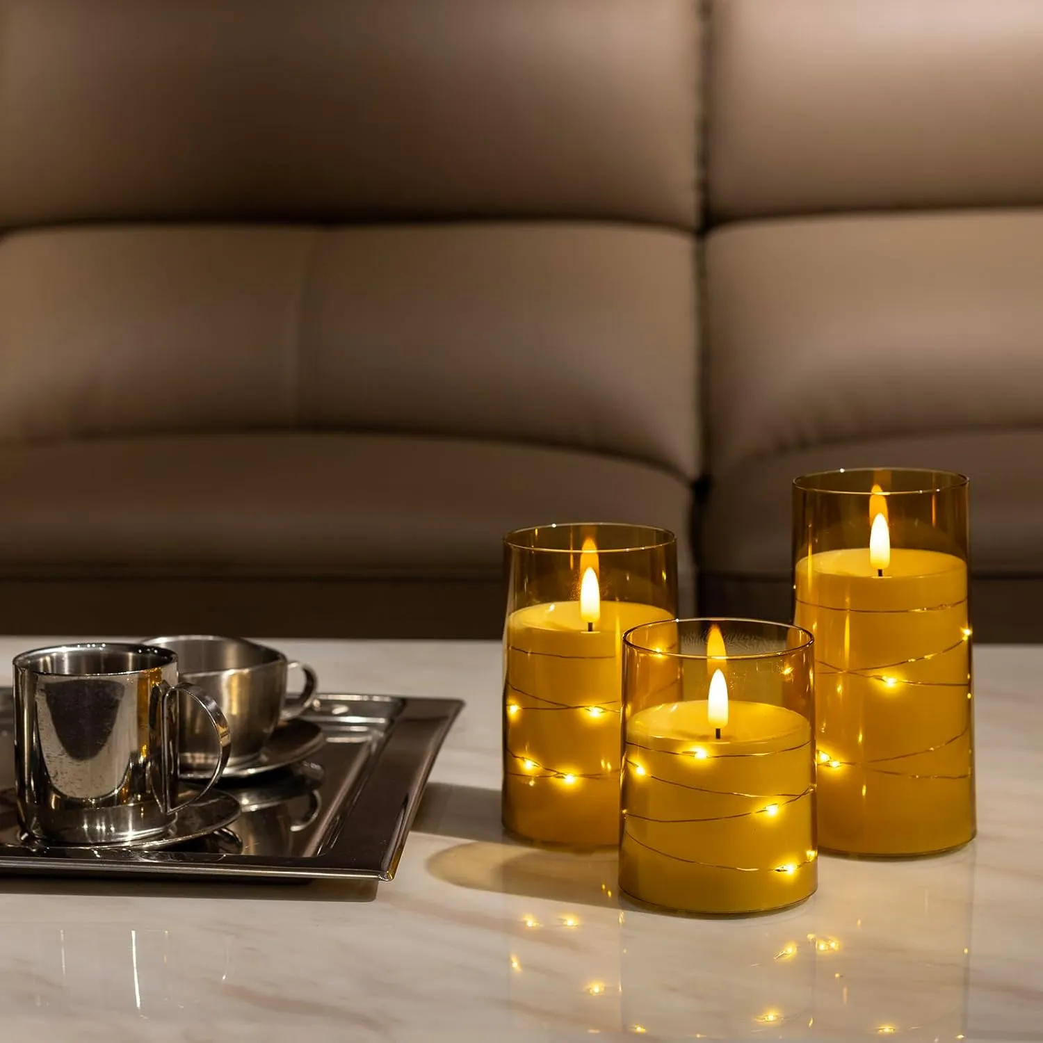 Flameless Candle with String Lights - Battery Operated Candle with 11 Key Remote Control and Timer, Set of 3 Acrylic Glass Shell Flickering LED Pillar Candles for Romantic Ambiance (Gold)