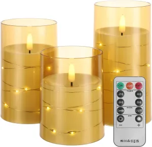 Flameless Candle with String Lights - Battery Operated Candle with 11 Key Remote Control and Timer, Set of 3 Acrylic Glass Shell Flickering LED Pillar Candles for Romantic Ambiance (Gold)