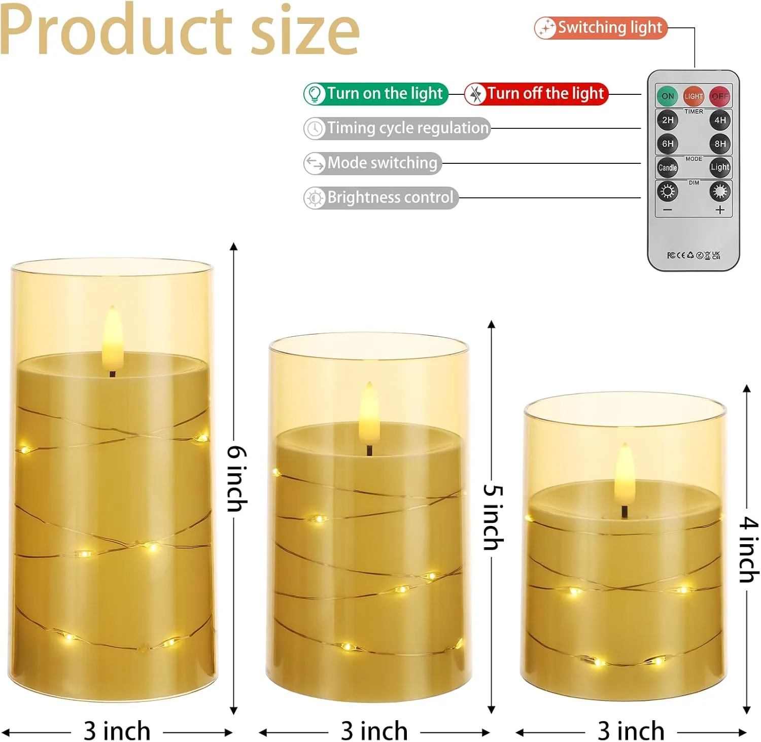 Flameless Candle with String Lights - Battery Operated Candle with 11 Key Remote Control and Timer, Set of 3 Acrylic Glass Shell Flickering LED Pillar Candles for Romantic Ambiance (Gold)