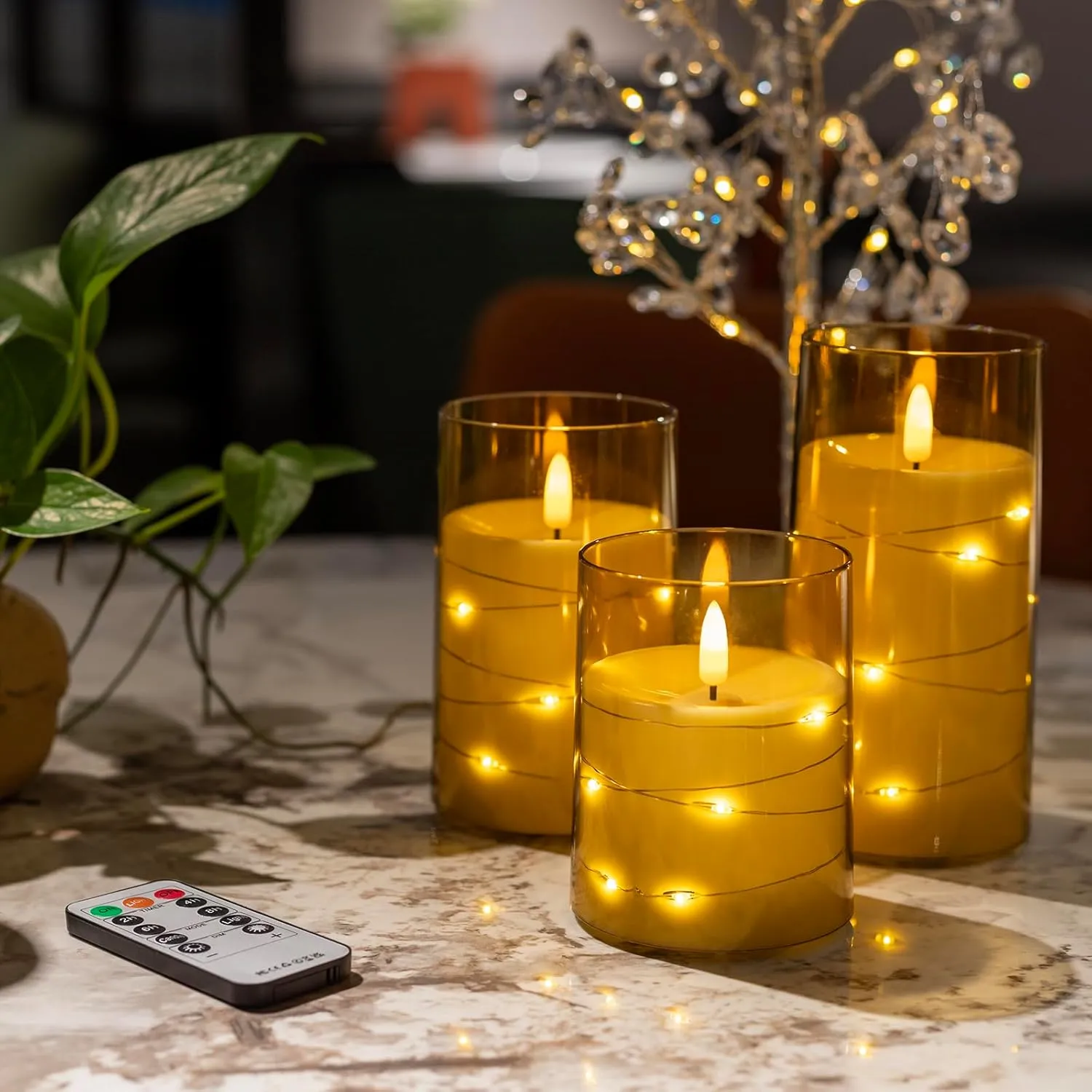 Flameless Candle with String Lights - Battery Operated Candle with 11 Key Remote Control and Timer, Set of 3 Acrylic Glass Shell Flickering LED Pillar Candles for Romantic Ambiance (Gold)