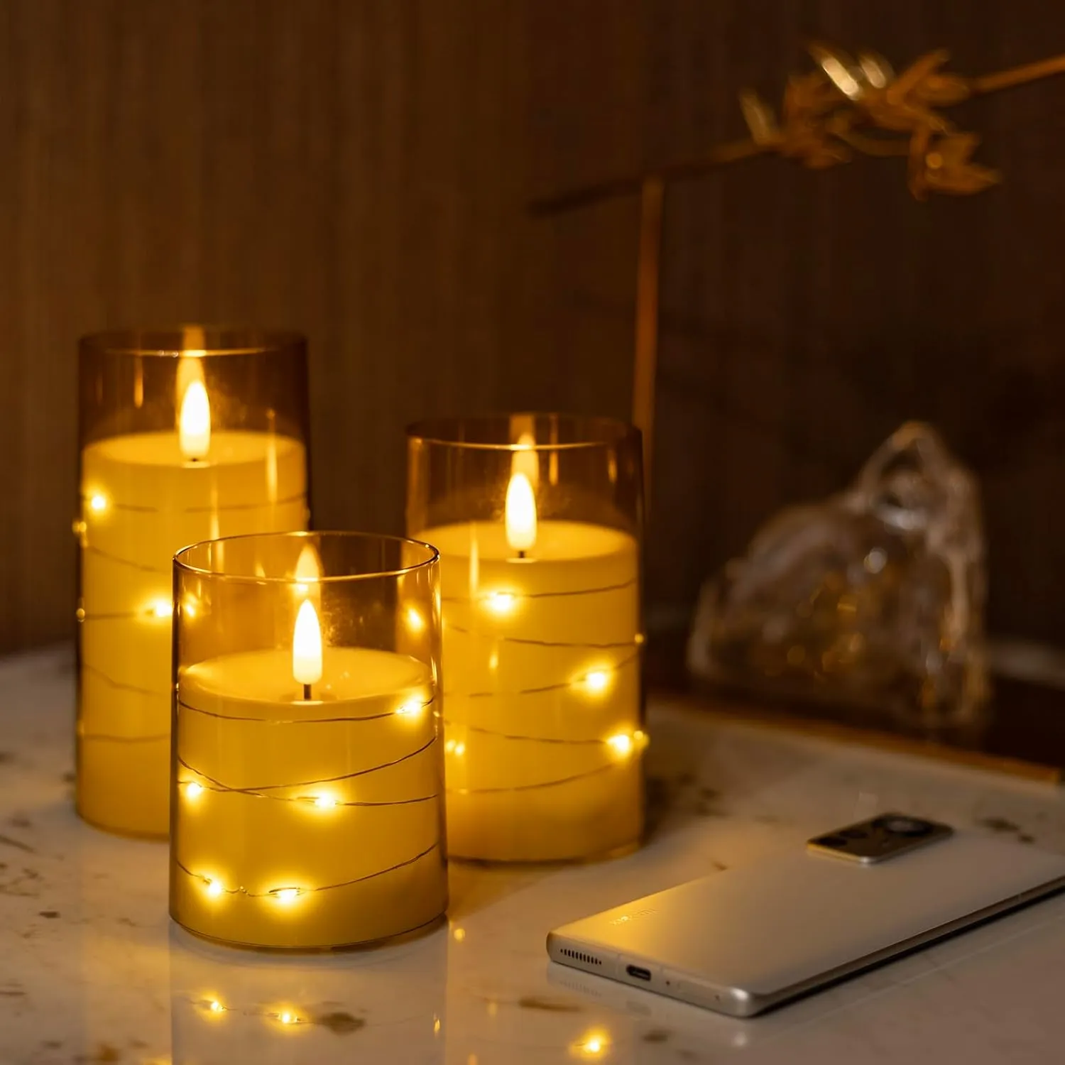 Flameless Candle with String Lights - Battery Operated Candle with 11 Key Remote Control and Timer, Set of 3 Acrylic Glass Shell Flickering LED Pillar Candles for Romantic Ambiance (Gold)