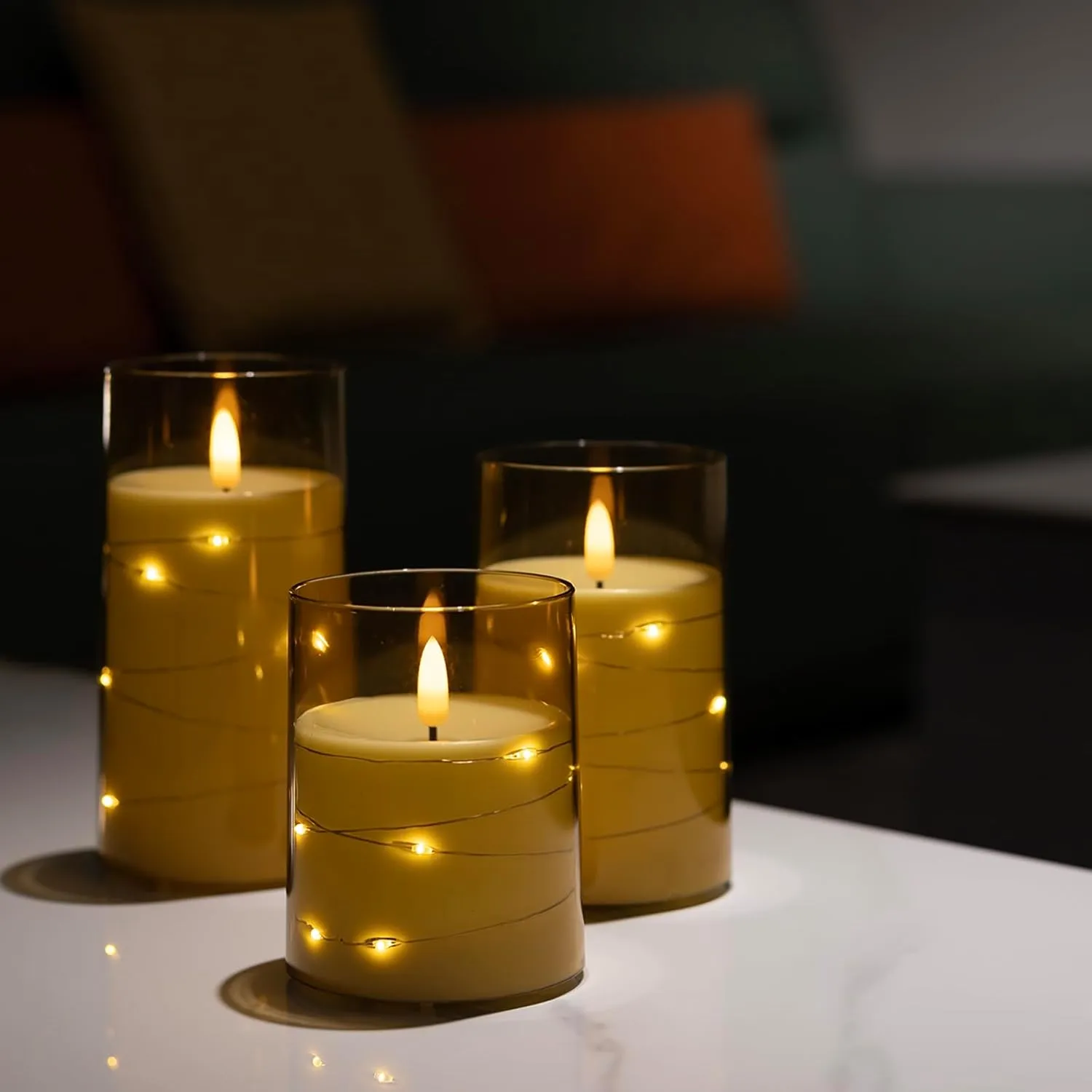 Flameless Candle with String Lights - Battery Operated Candle with 11 Key Remote Control and Timer, Set of 3 Acrylic Glass Shell Flickering LED Pillar Candles for Romantic Ambiance (Gold)