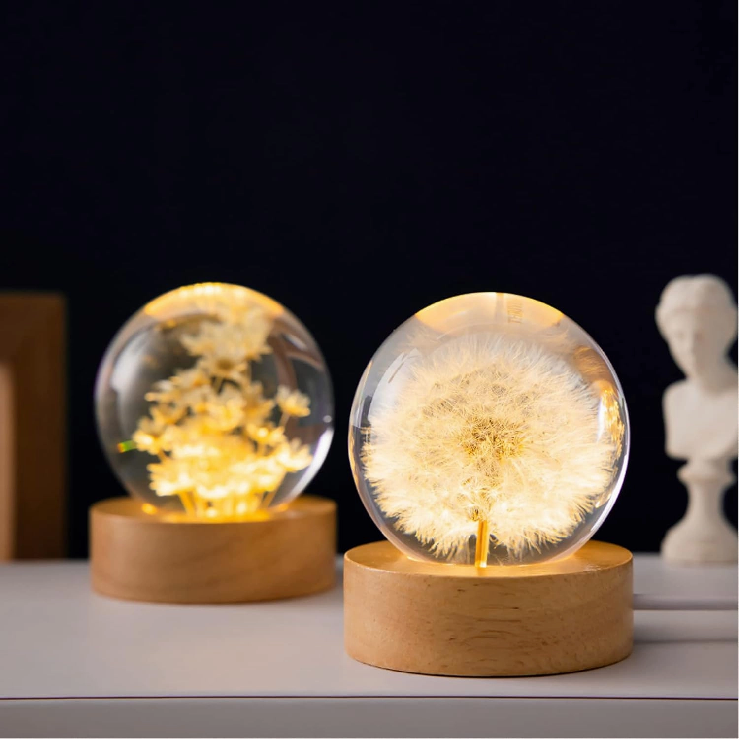 Flower Crystal Ball Night Light,2.4 inch Glass Ball Night Lamp with Woodern Base (Dandelion)